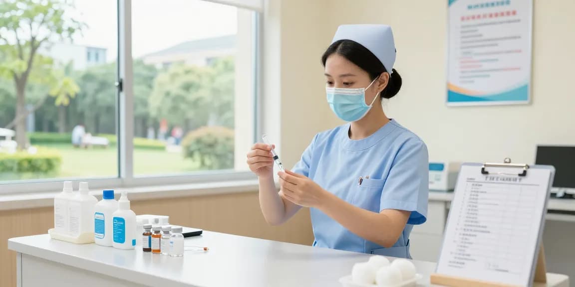 Buying needles in Canada, nurse preparing syringes in a bright clinic setting.