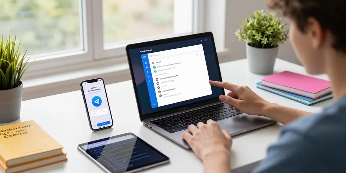 Person setting Telegram Chinese interface on laptop with tech gadgets and natural light.