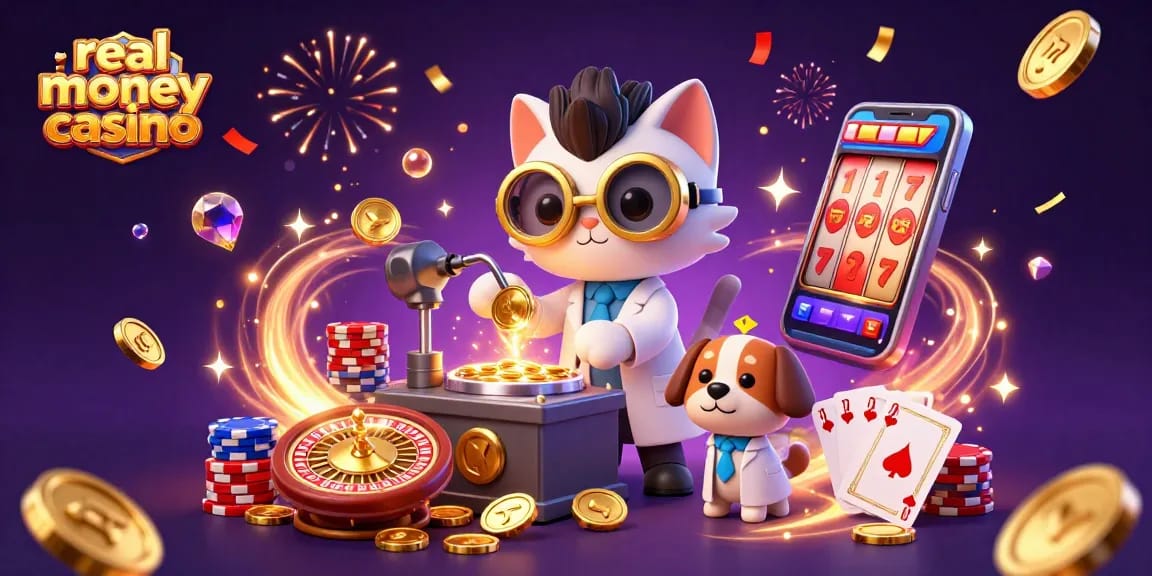 Engage in the excitement of a real money casino with the mad scientist cat creating gold coins surrounded by thrilling casino elements.