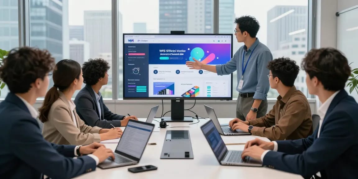 Team collaborating in a modern office environment showcasing the WPS Official Website on a digital display, highlighting innovation and productivity.