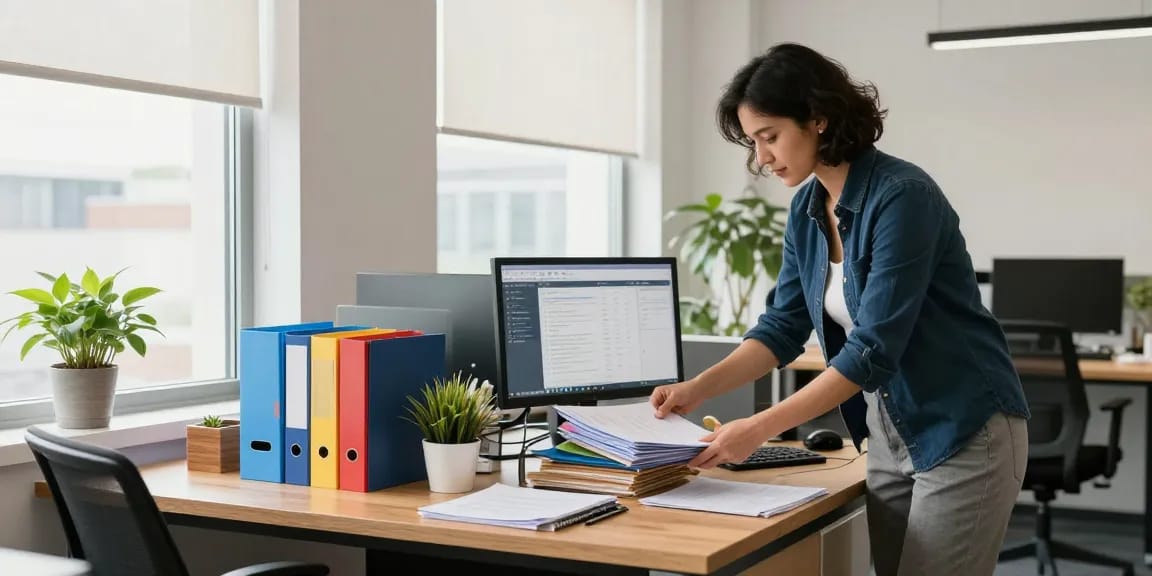 Professional office organizer Ottawa transforming a cluttered workspace into an organized haven, showcasing efficient organization tools and a motivating environment.