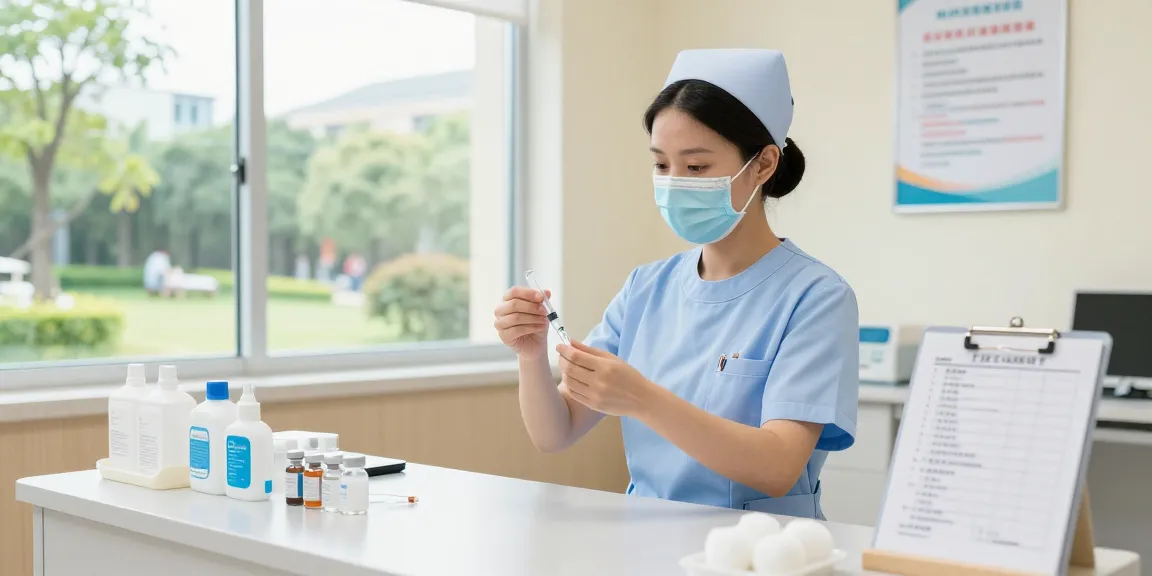 Buying needles in Canada, nurse preparing syringes in a bright clinic setting.