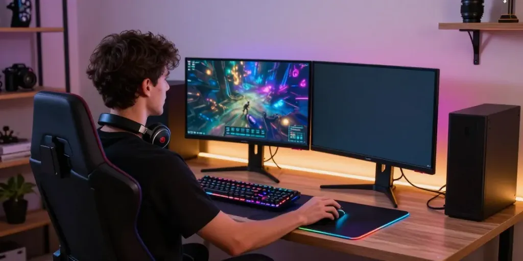 rokok88 gaming setup with dual monitors, RGB lights, and enthusiastic gamer in ergonomic chair