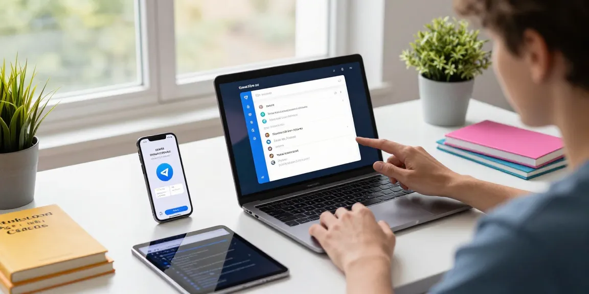 Person setting Telegram Chinese interface on laptop with tech gadgets and natural light.