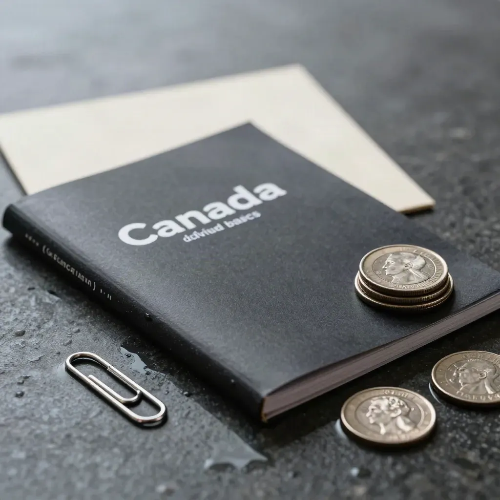 Dark finance booklet, coin stack and steel clip on wet basalt with cool light.