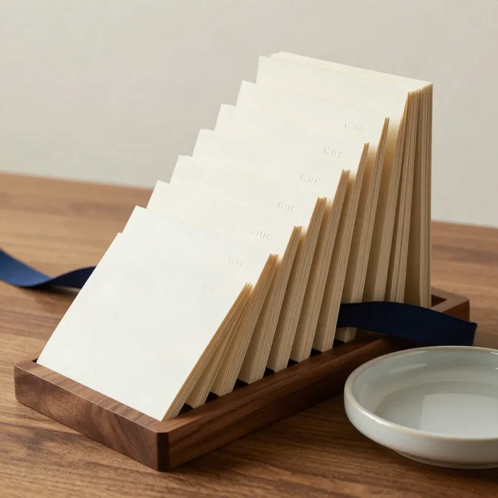 Five cream booklets on walnut with a navy ribbon and ceramic ring dish, seen nearly top-down.