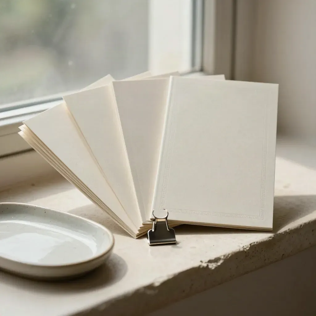 Matte yield guide booklets, ceramic tray, and metal clip on warm plaster in soft daylight.