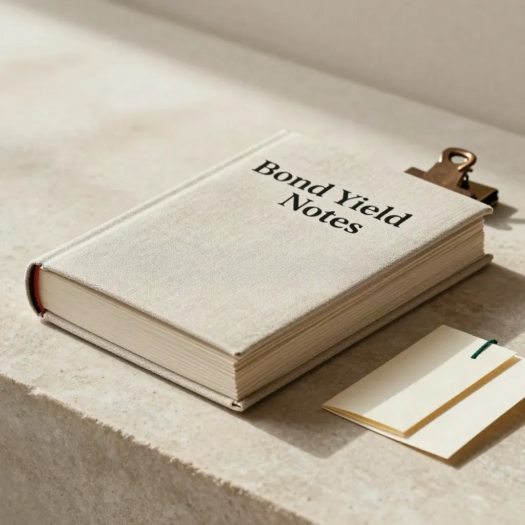 Linen-wrapped bond booklet with bronze clip and folded card on pale stone, soft daylight.