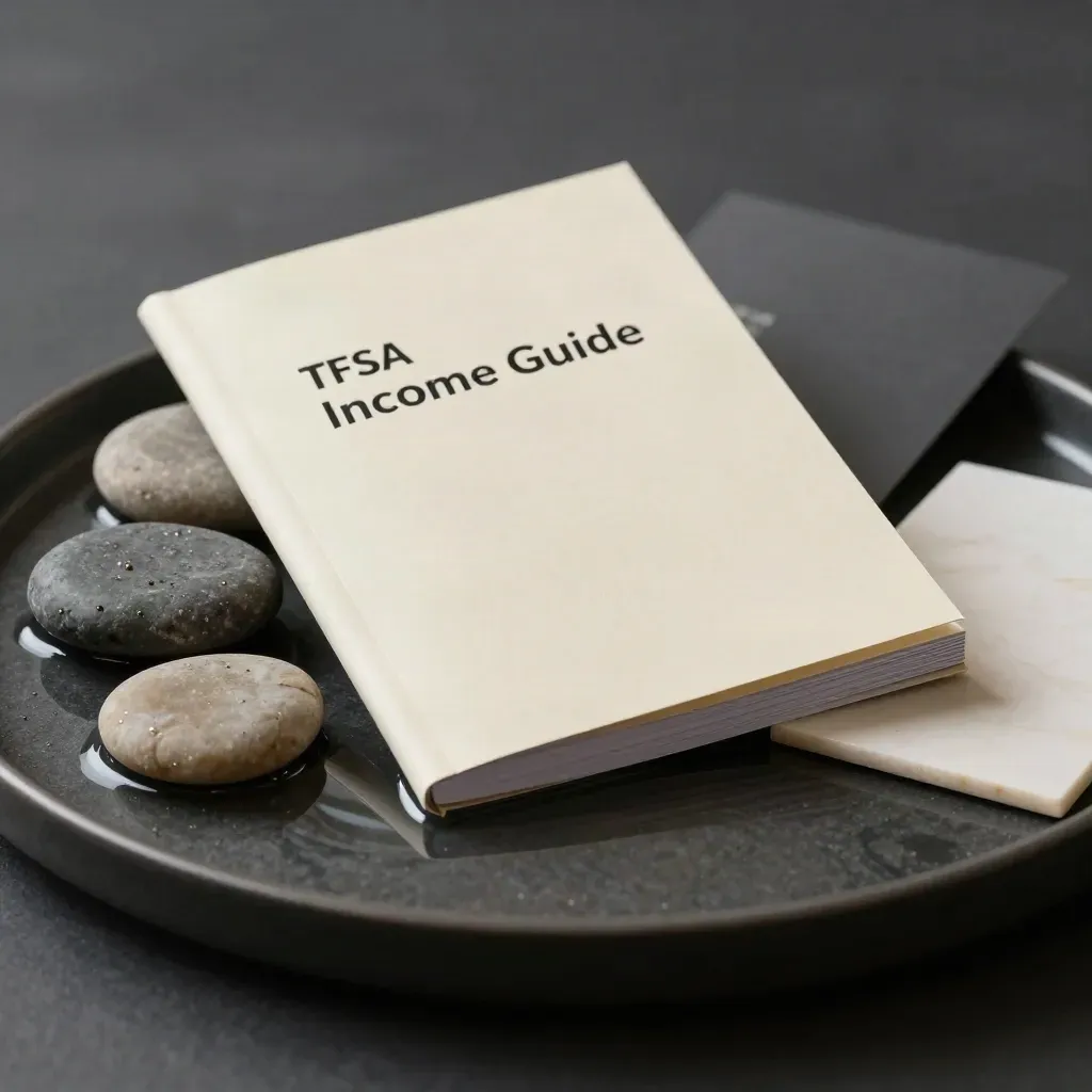 Matte TFSA guide booklet on a water tray with river stones and slate in a dark studio.
