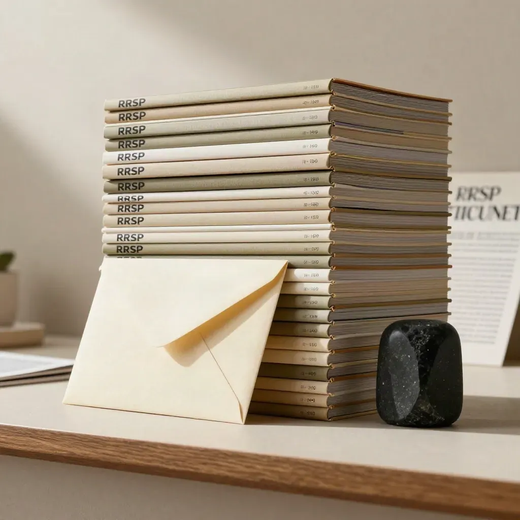Low-angle hero of RRSP dividend guide volumes with envelope and stone weight on plaster.