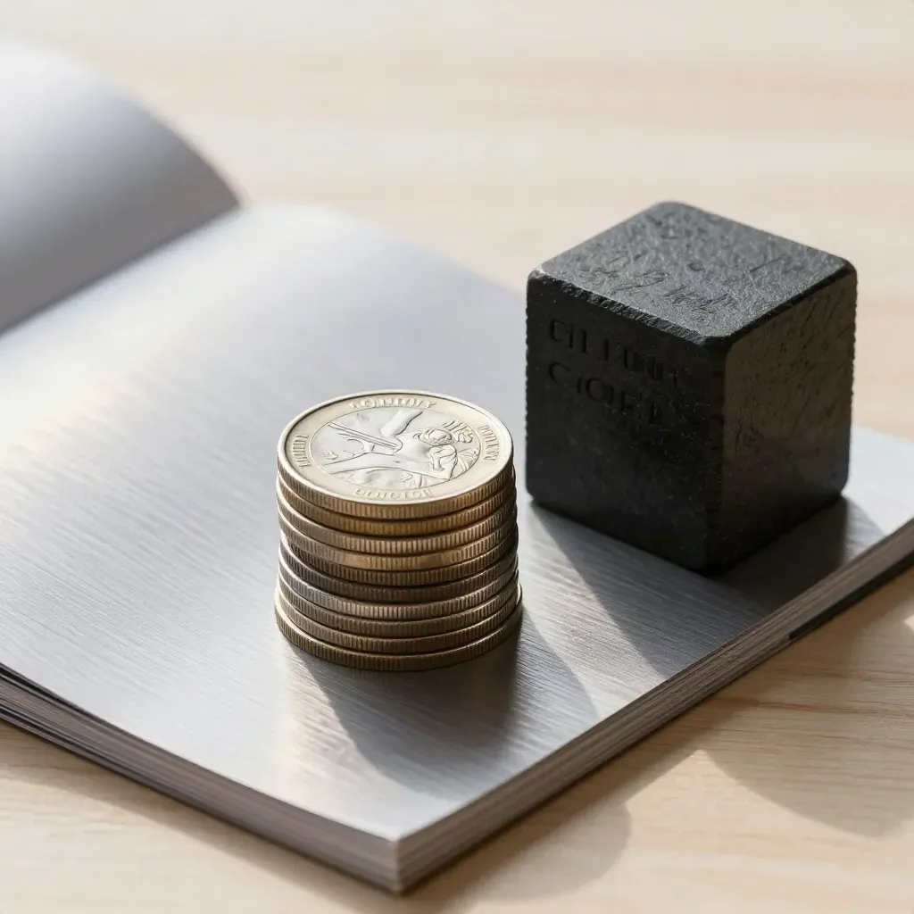 Brushed aluminum booklet, coin stack and slate block on pale wood