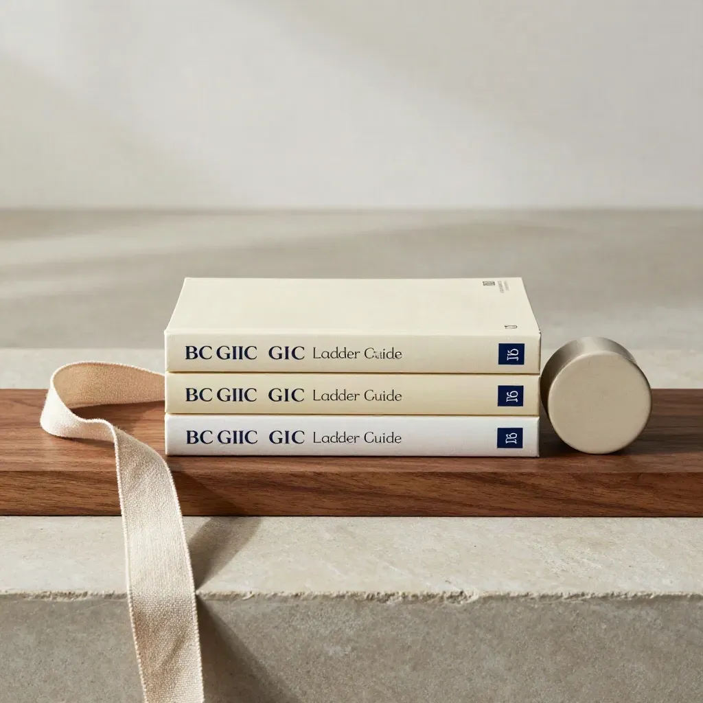 Overhead flatlay of cream volumes, walnut riser, linen ribbon and ceramic disk
