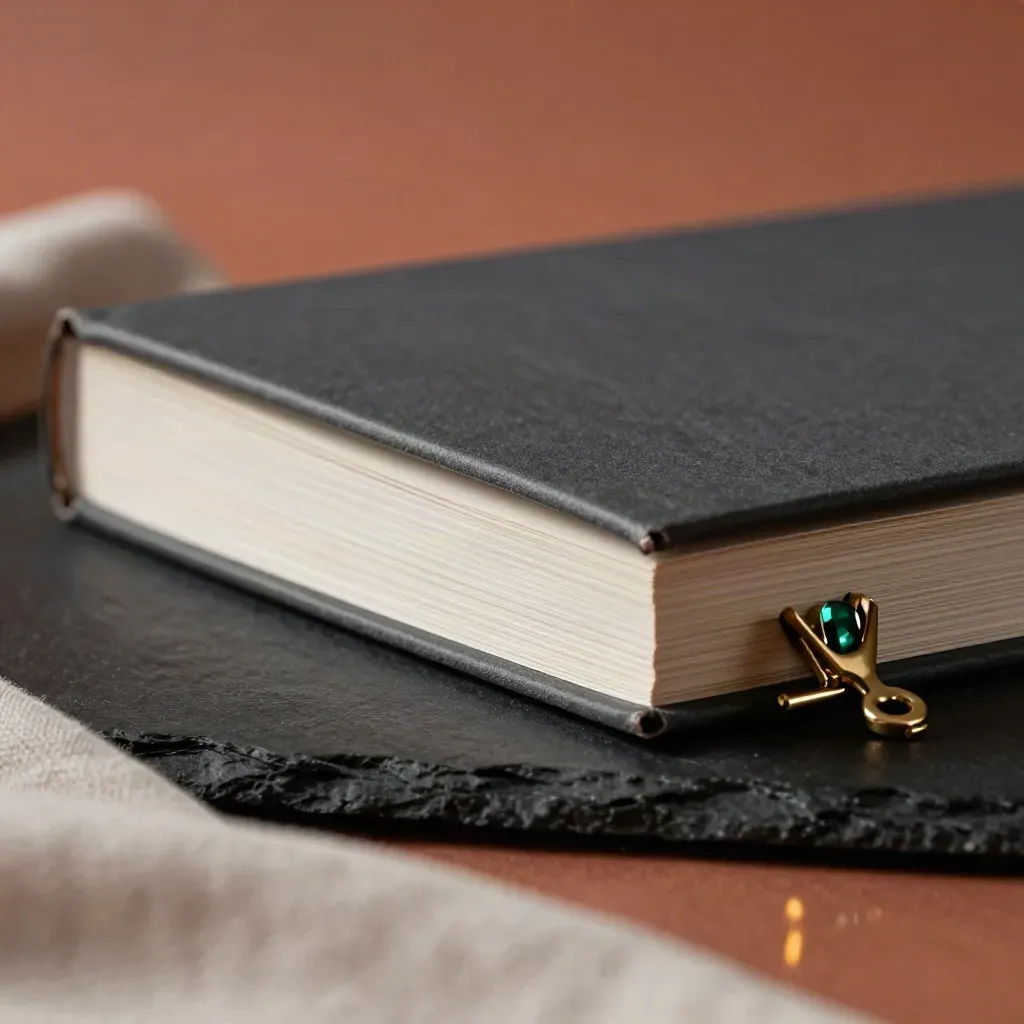 Half-open matte primer book with bronze clip and linen on dark slate, lit dramatically.