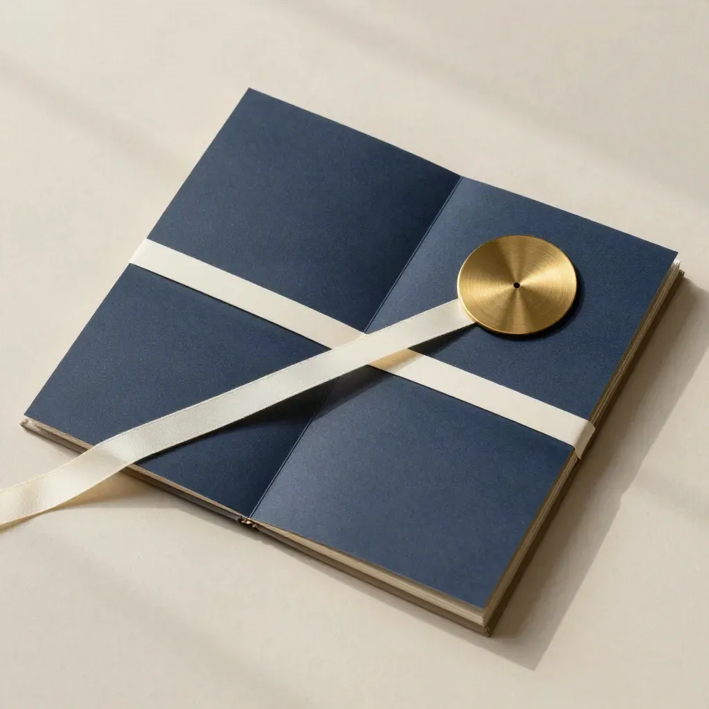 Overhead flatlay of a folded retirement income guide folder with brass disc and cream ribbon on warm plaster.