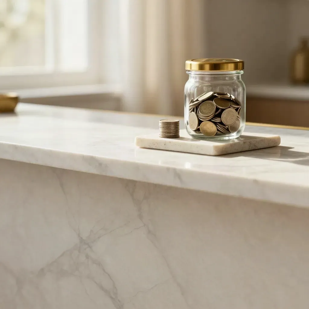 Marble counter with a glass savings jar, brass trim, and soft curtain light.