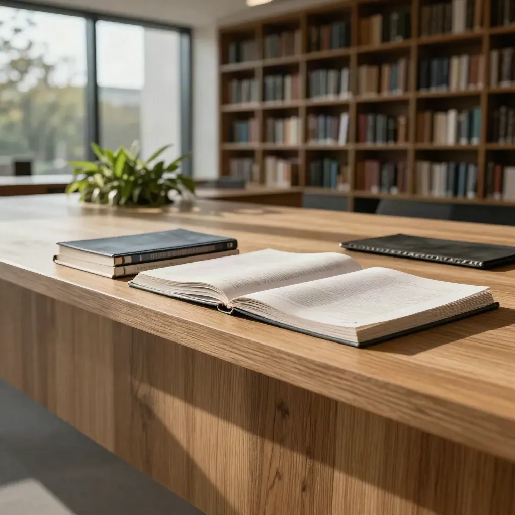 Warm oak ledge with finance books, blurred library wall, and a soft green plant cluster.