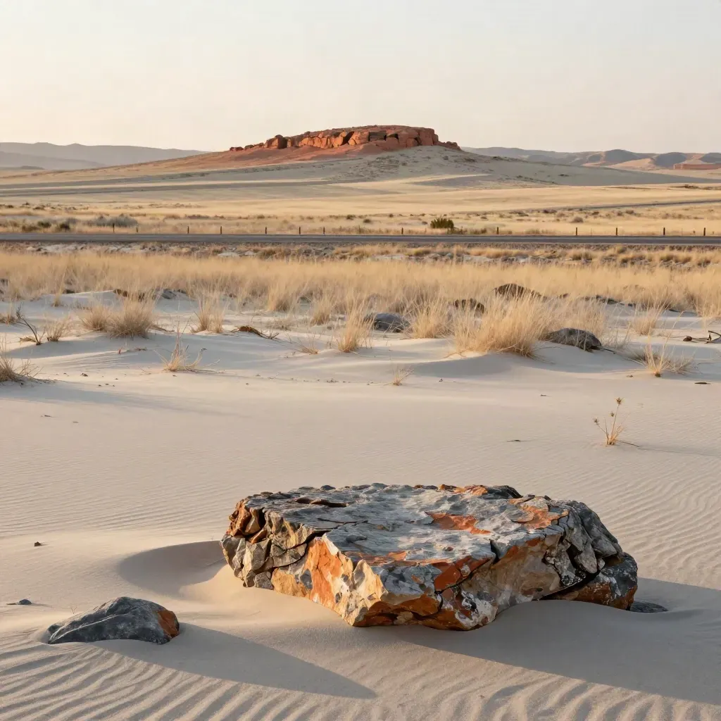Golden-hour prairie overlook with pale fields, warm stone foreground, and calm copy space