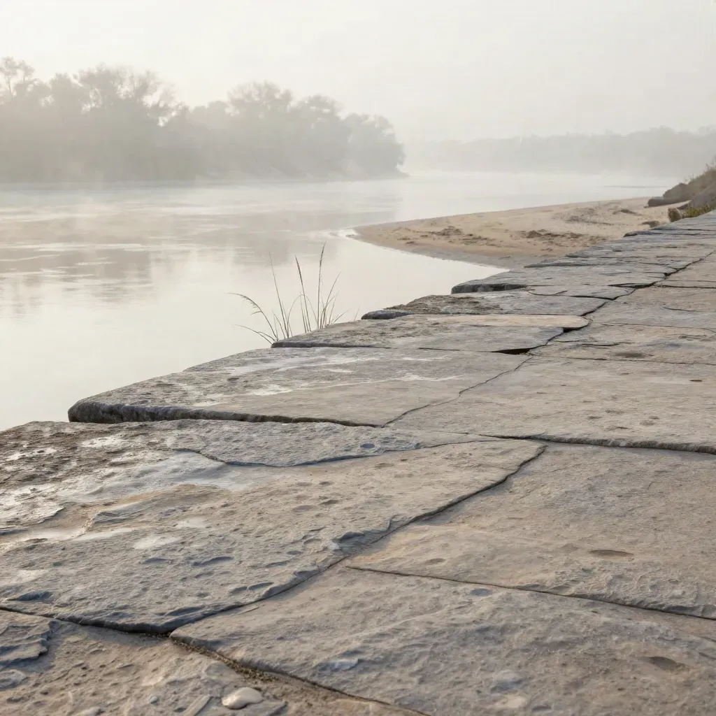 Misty riverside stone terrace above still water and pale sand in soft daylight.