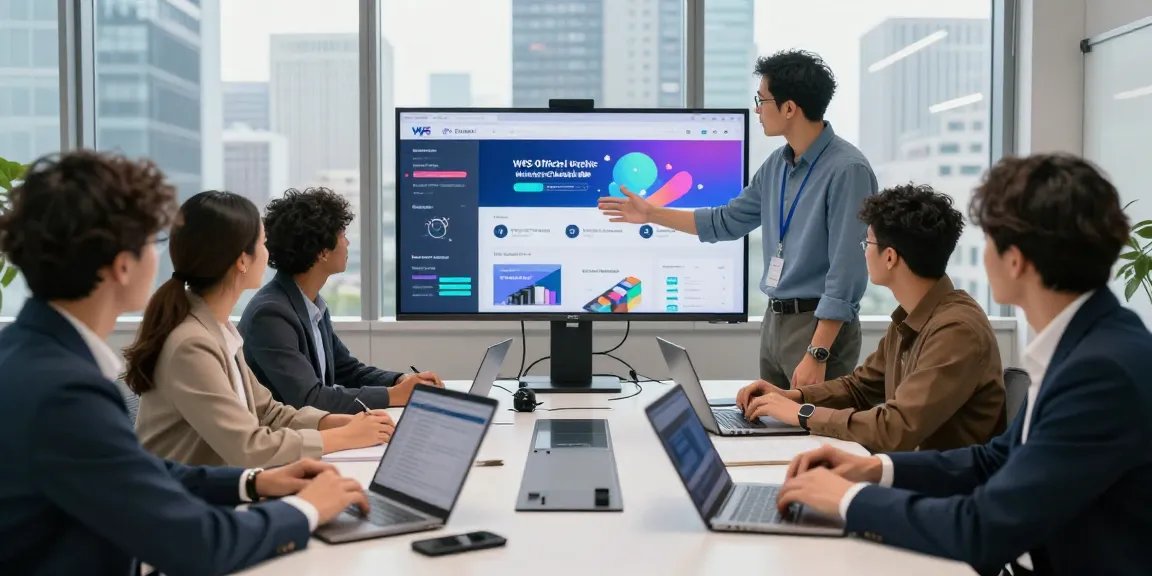 Team collaborating in a modern office environment showcasing the WPS Official Website on a digital display, highlighting innovation and productivity.
