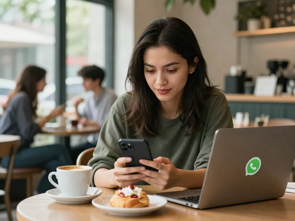 Smartphone user downloading GBWhatsApp APK at a cafe, showcasing modern tech lifestyle.