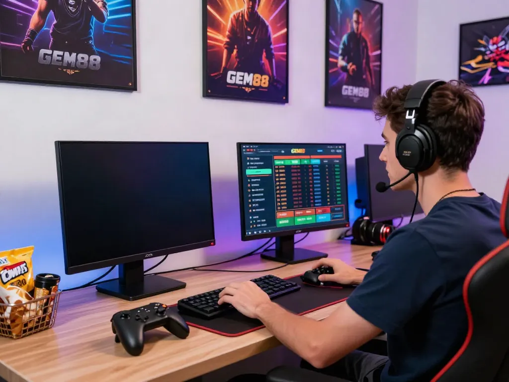 Exciting GEM88 gaming setup with user betting online and vibrant lighting.