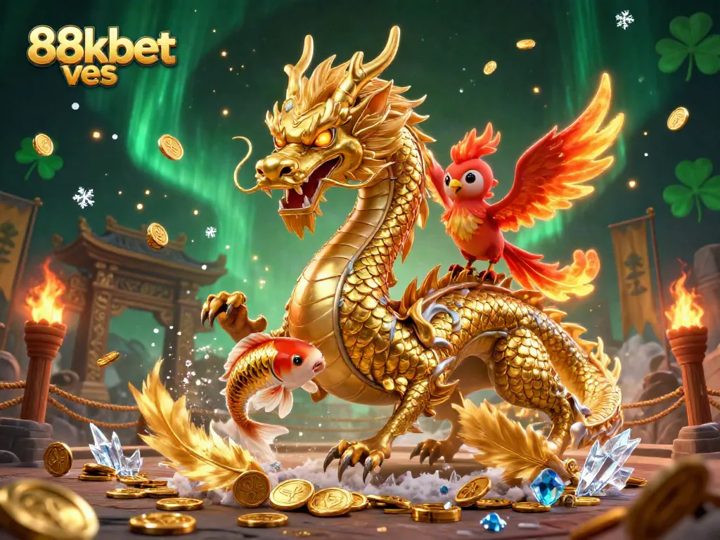 Experience the vibrant energy of 88kbet ves with a golden dragon, phoenix, and koi in an engaging casino scene.